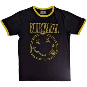 NIRVANA UNISEX RINGER T-SHIRT: OUTLINE HAPPY FACE (BLACK)NIRVANA 19